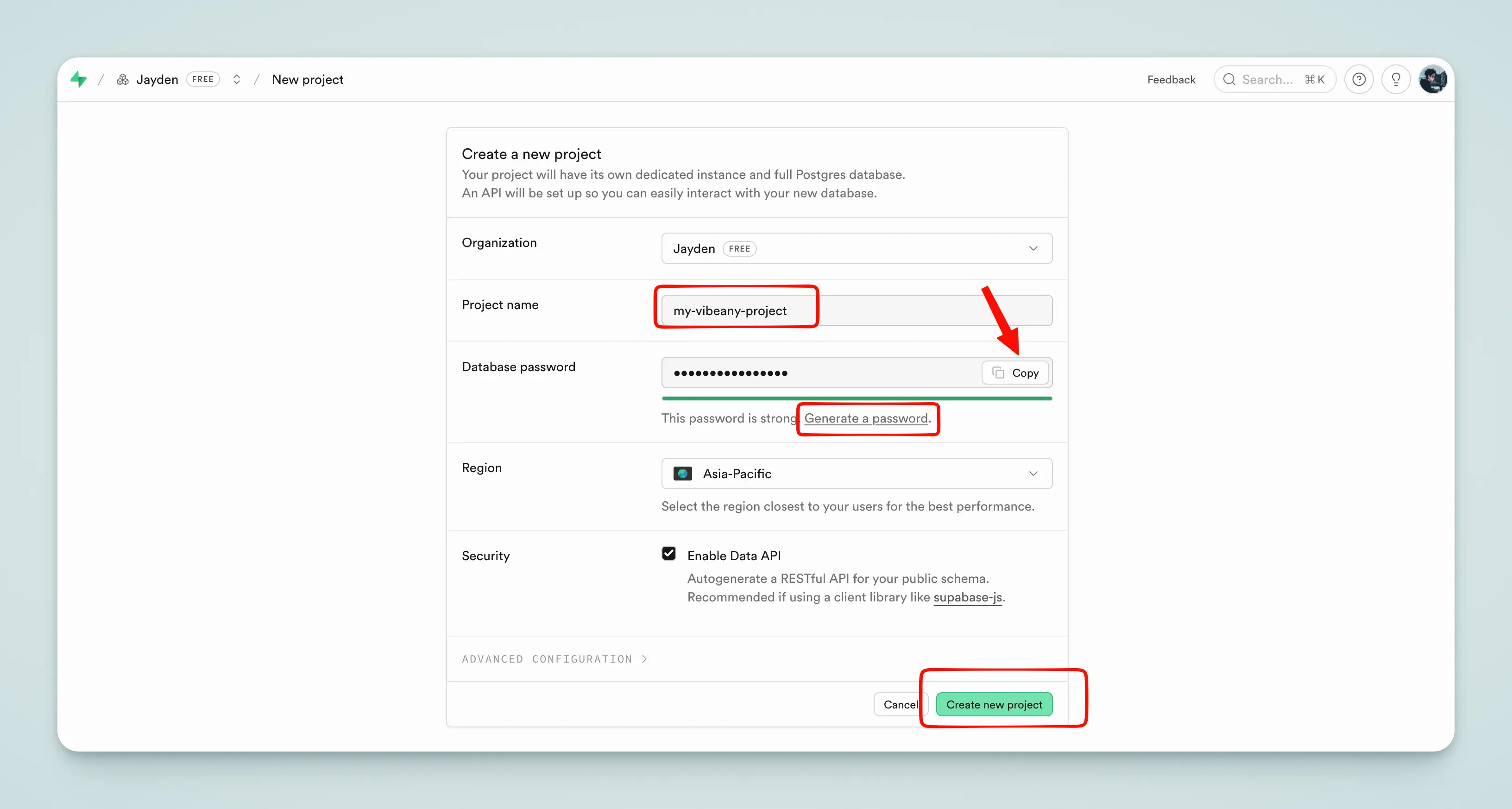 Supabase Create Project